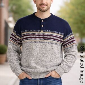 Vintage Peconic Bay Traders Fair Isle Henley Sweater USA Made Mens Large